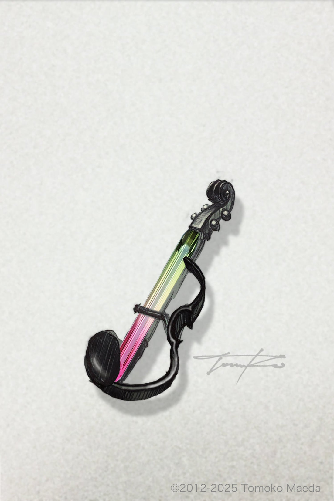 縦に長いウォーターメロントルマリンを弦を張るところに見立てたエレクトリックヴァイオリンのブローチ。Jewelry sketch of a brooch shaped like an electric violin, featuring a vertical watermelon tourmaline as the string section.