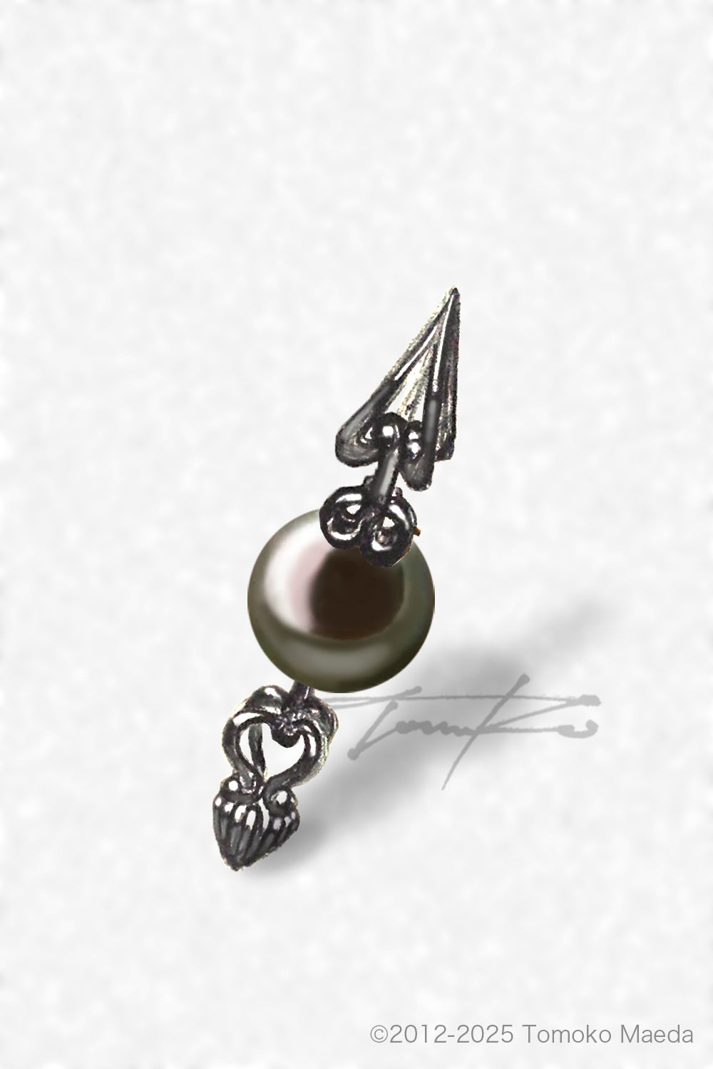 黒蝶真珠とシャンデリア風装飾を組み合わせたペンダントトップのジュエリースケッチ。  Jewelry sketch of a pendant featuring a black pearl with chandelier-inspired decorative elements.