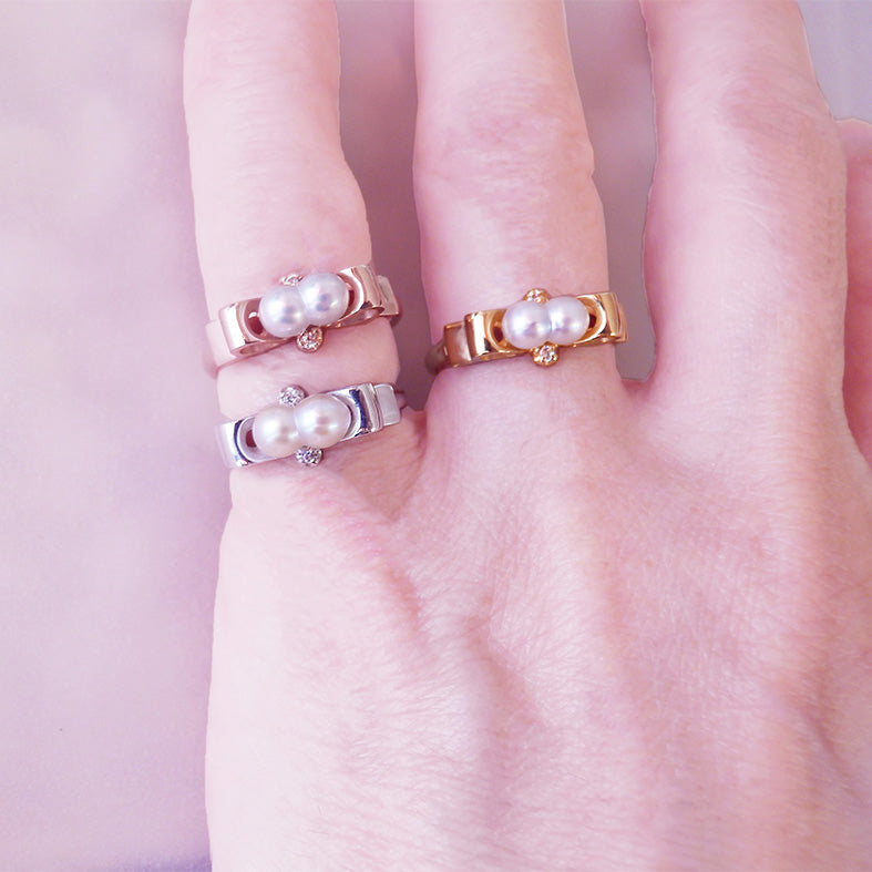 [Enju Series] Twin Pearls "Genius" 18K solid gold Diamond Ring