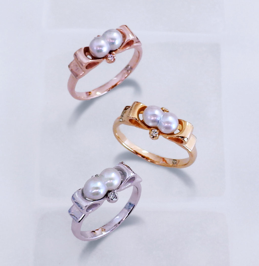 [Enju Series] Twin Pearls "Genius" 18K solid gold Diamond Ring